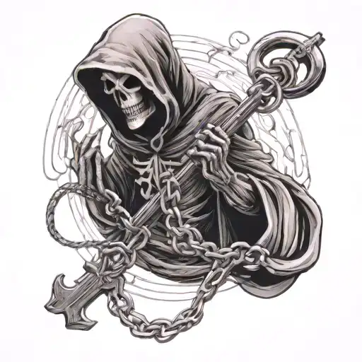 Grim Reaper Holding A Chain With A Cross Attached To It