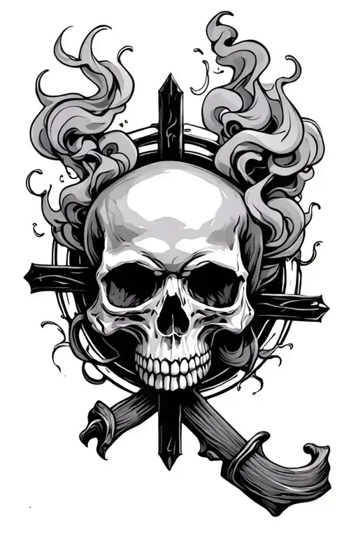 Skull With Smoke Around And A Cross Surrounded