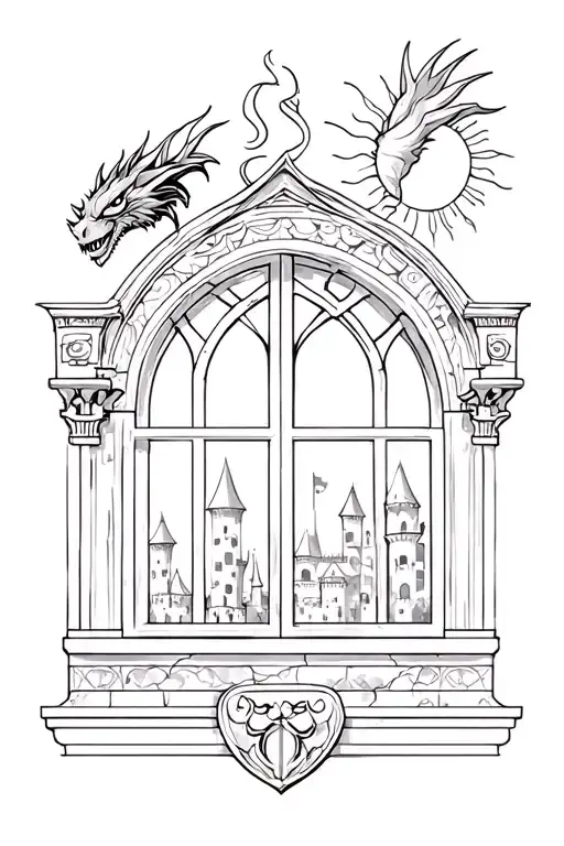 Castle Window And Dragon Flying Towards The Sun