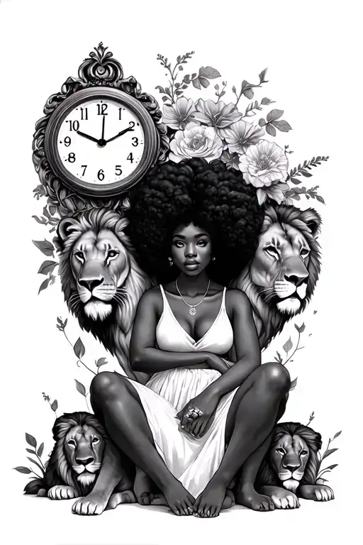 Black Women With A Long Afro Sitting With Lions And A Clock With Flowers Around Her