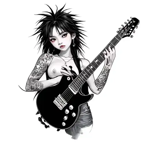 Asian Girl With Spike Hair And A Guitar
