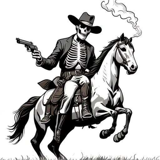 Skeleton Cowboy On Horse Shooting Pistol Smoking