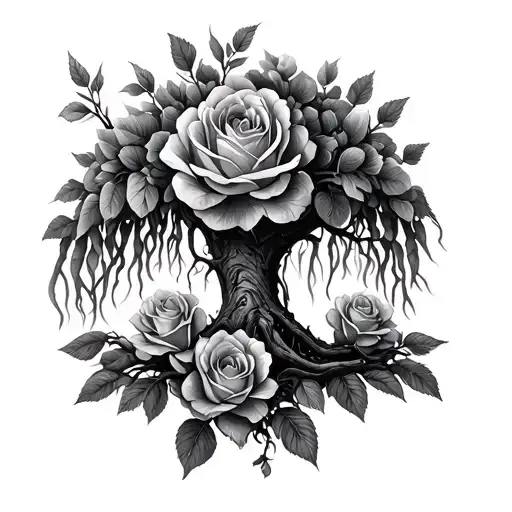 Willow Tree And Roses Intertwined