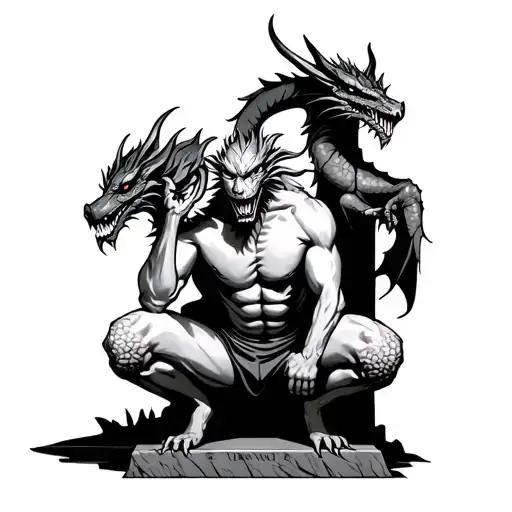 Demon Squatting Tombstone With Dragon On A Black