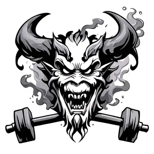 Scary Oni Mask With Barbells And Smoke Forming The Shape