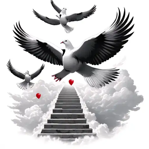 4 Doves Flying In Clouds With Steps Leading To Heaven With 2 Dates For Each Dove