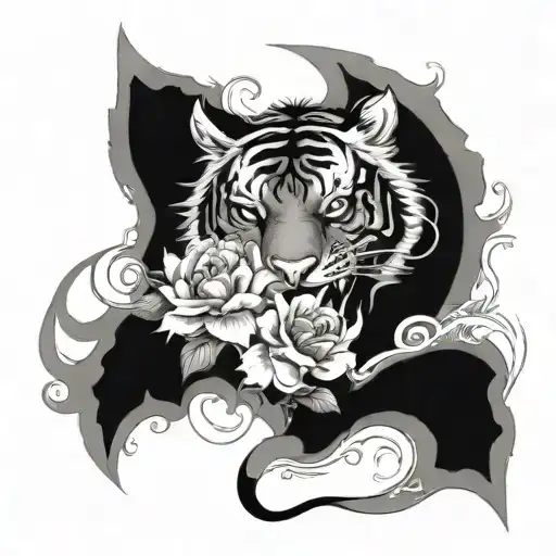 Half Tiger Half Dragon With Flowers
