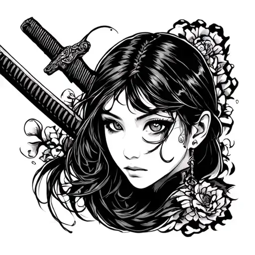 Katana With Girl Eyes On Blade