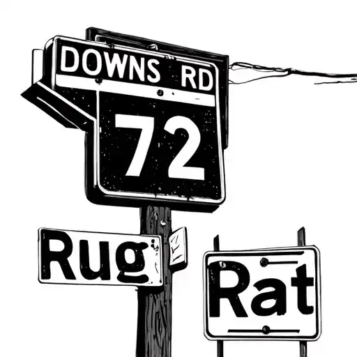 Street Sign At The Top That Says 72 Downs Rd With Rug Rat
