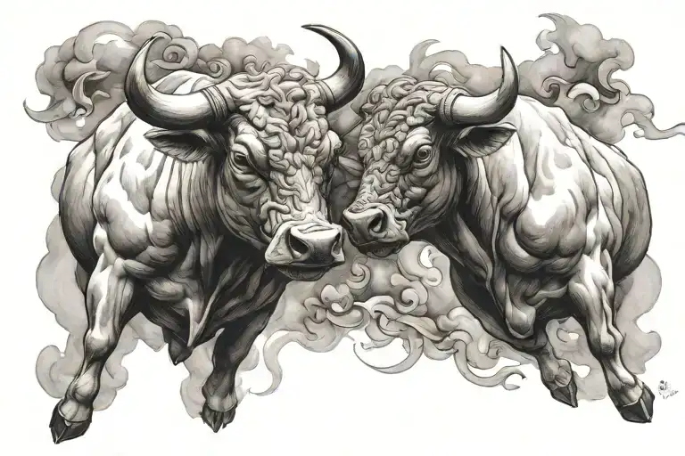 Two Bulls Collide Heads Coming Out Of The Smoke