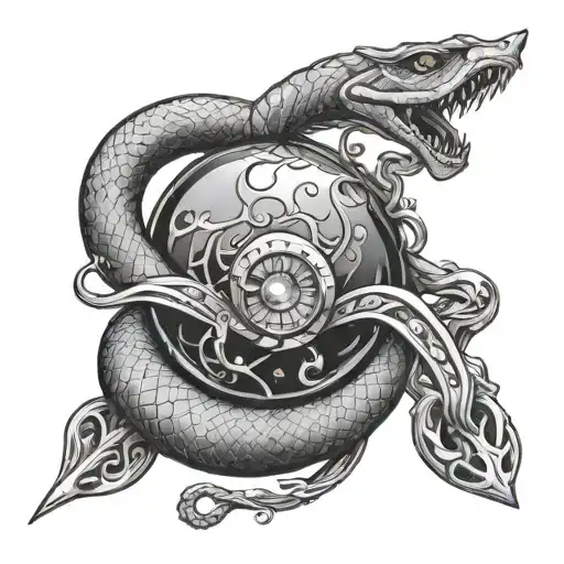 Magic Staff With A Spherical Quartz Handle And A Snake Wrapped Around The Staff About To Attack