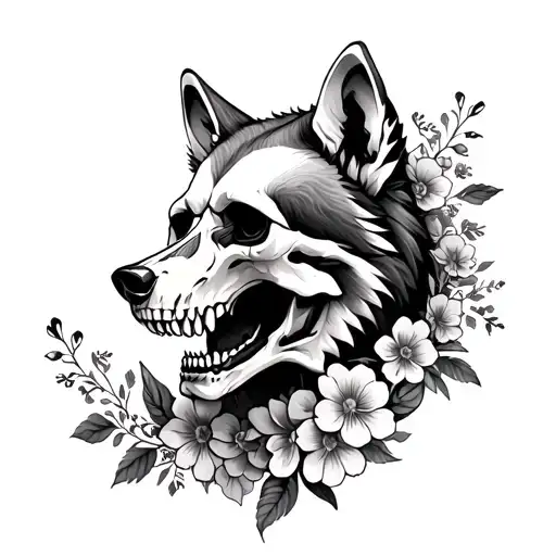 Skull Of Wolf With Flowers Around