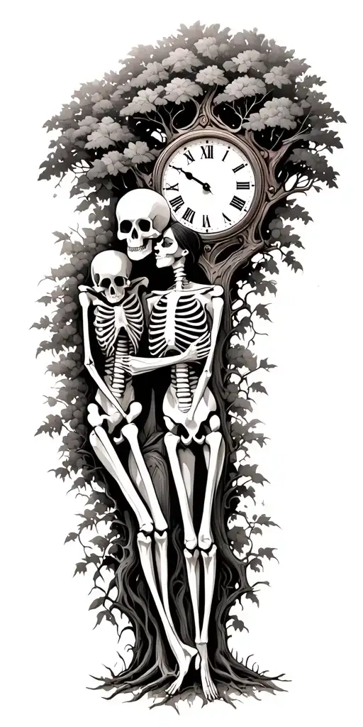 Skeleton Couple Embraced Under A Tree Growing With A Broken Clock