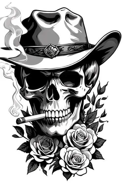 Cowboy Skull Smoking Cigarette With Burnt Cards And Roses