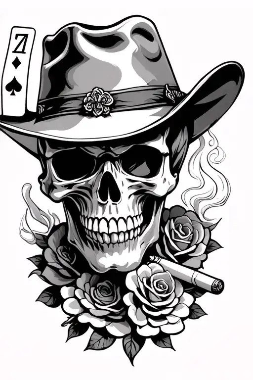 Cowboy Skull Smoking Cigarette With Burnt Cards A 7 Of Spades And Roses