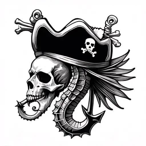 Skull And Crossbones Pirate Hat Above A Seahorse With An Anchor At The Bottom