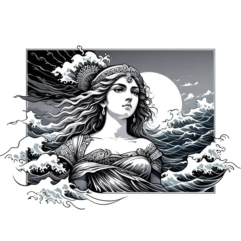 Athena Goddess Japanese Waves Flowing