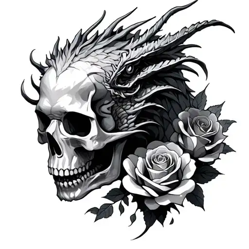 Skull Roses Dragon Intertwined