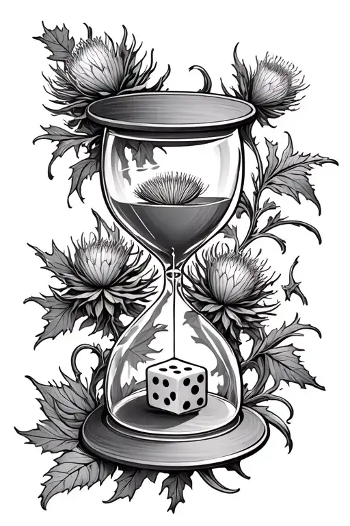 Hour Glass With Dice Rolling And Scottish Thistle Intertwined