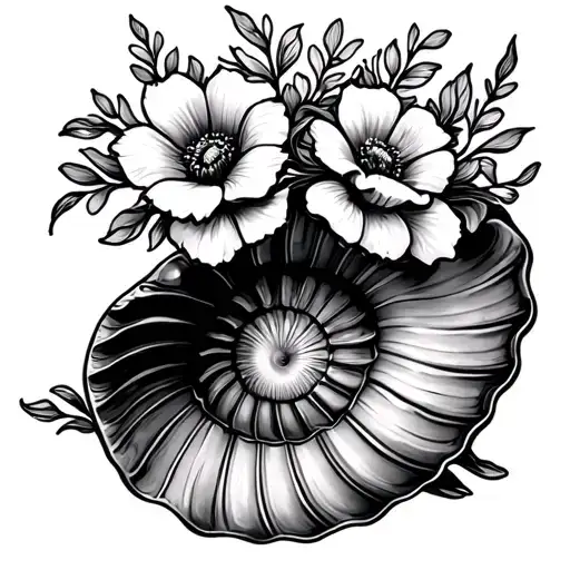 Big Seashell Tattoo With Flowers