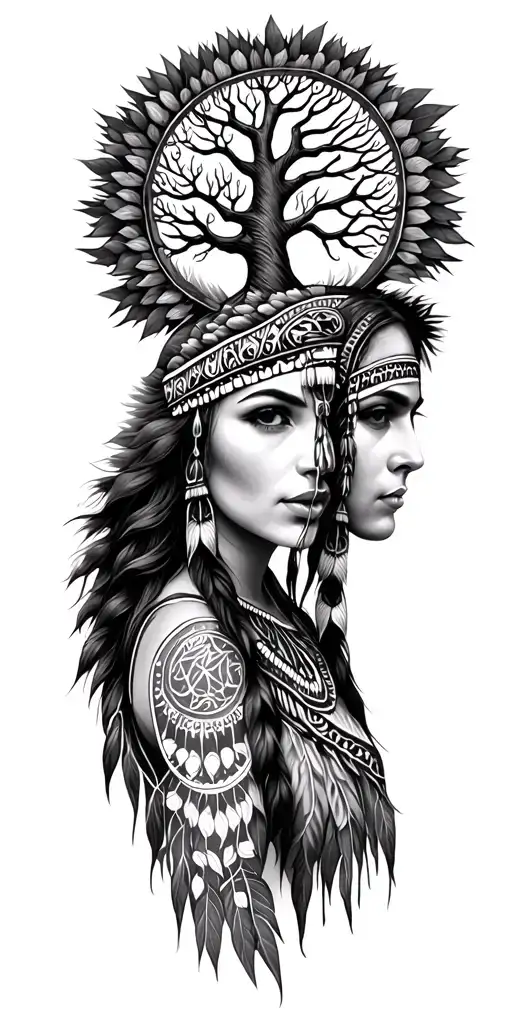 Native Woman With Head Dress With The Tree Of Life