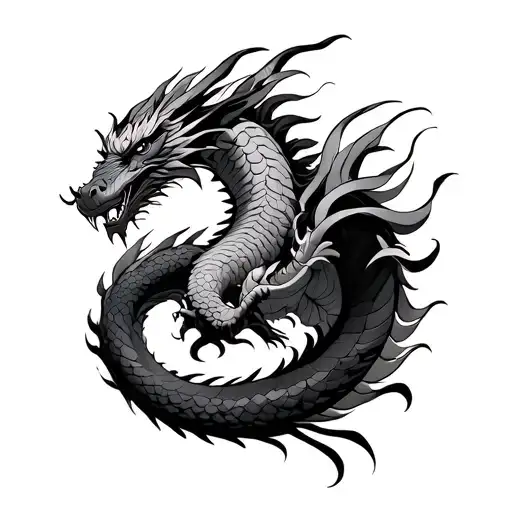 Japanese Dragon Facing Forward Long Tail With Wings