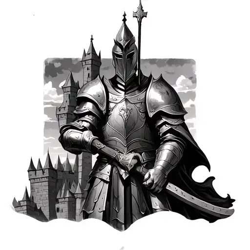 Surrealistic Medeival Knight With Castle And Other Surrealistic Elements