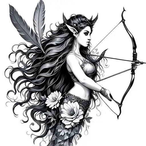 Rearing Femalecentaur Holding A Feather Bow And Arrow With Long Blowing Hair And Flowers