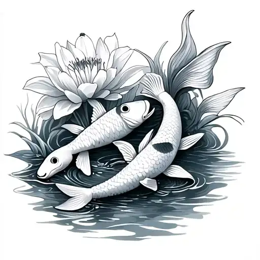 2 Koi Fish With Lily Flower Growing