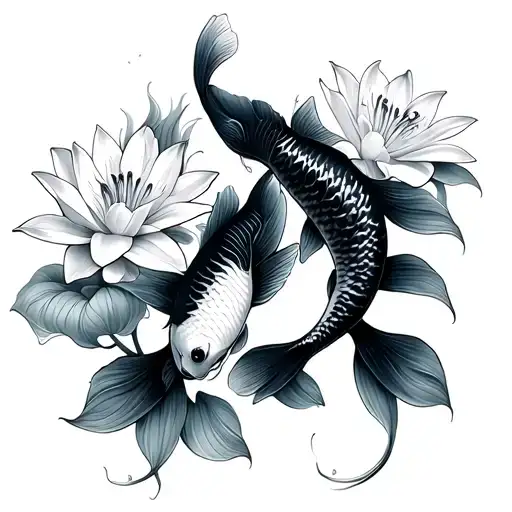 2 Koi Fish With Lily Flower Growing