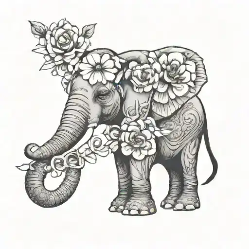Front Facing Power Dominate Elephant With Flowers On Ther Both Side Make Thise Tattoo For Wrist
