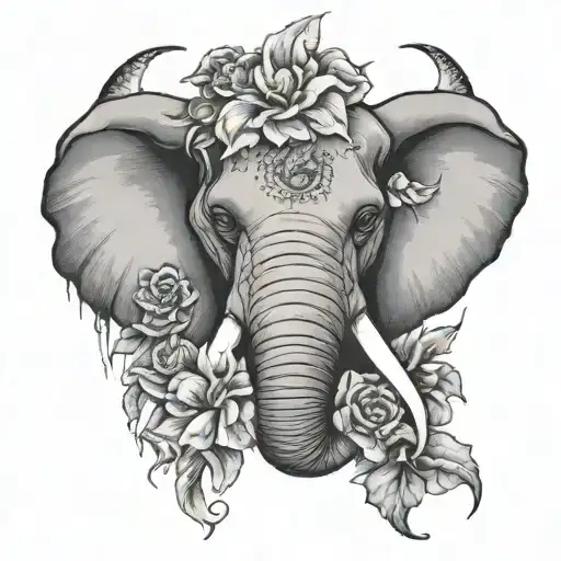 Front Facing Agressive Attitude Elephant Face With Flowers On Ther Both Side