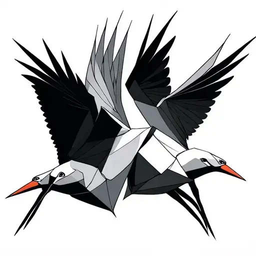 Two Fine Line Origami Cranes Facing Each Other With Their Beaks Slightly Crossed