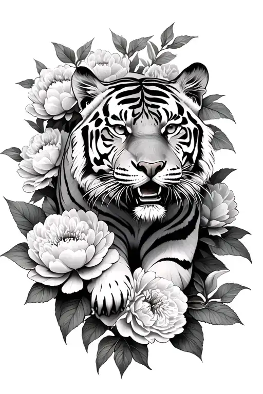 Tiger Crawling Down And Out Of A Bush Of Peony's Arm