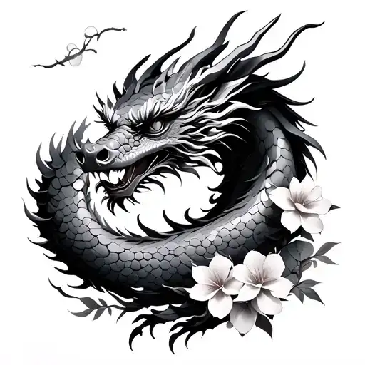 Metal Dragon In Asian Style With Sakura And Flowers