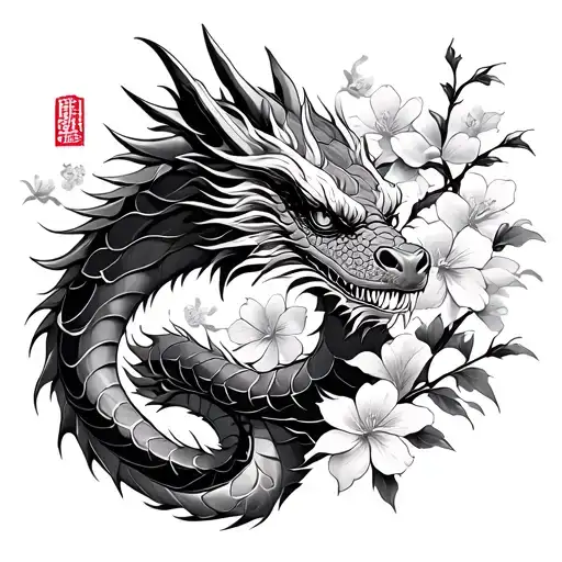 Metal Dragon In Asian Style Sleeve With Sakura And Flowers