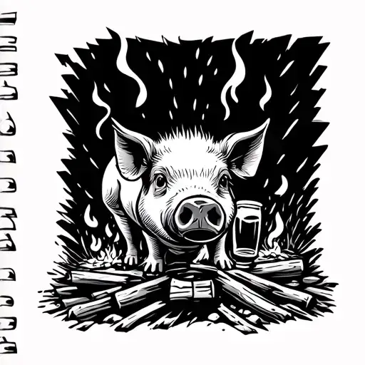 Pig Drinking Beer At A Camp Fire