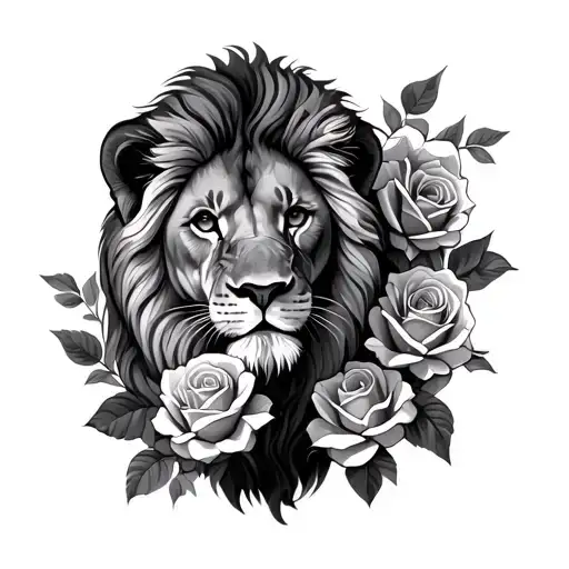 Lion And Cub Surrounded By Roses