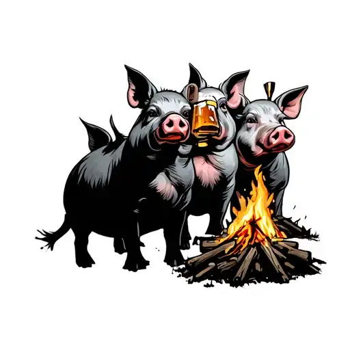 Four Pigs Drinking Beer At A Camp Fire
