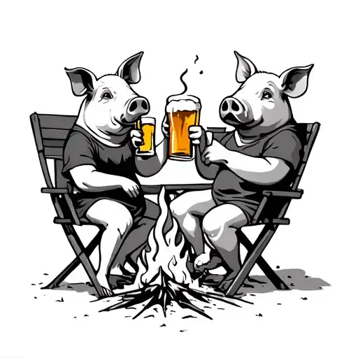 Four Pigs Drinking Beer At A Camp Fire Sitting In Camp Chairs