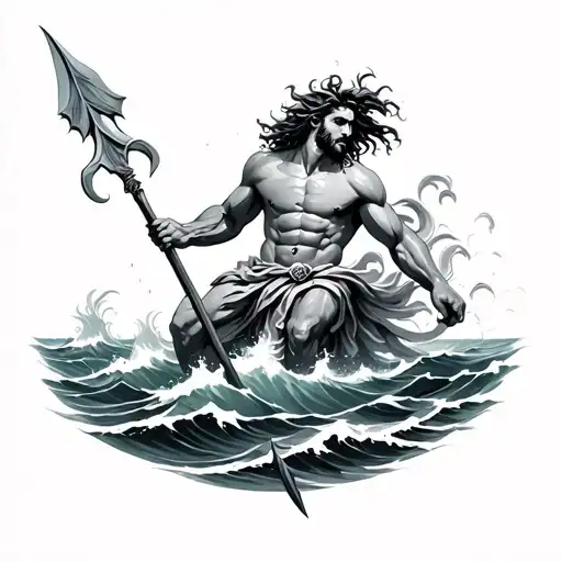 Poseidon Attacking At The Wavy Sea With A Spear