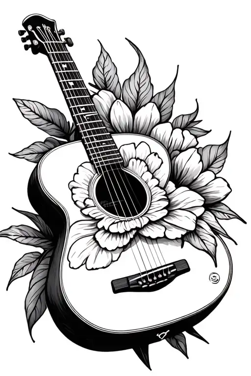 Small Fineline Gladius Flower In A Outline Of A Acoustic Guitar