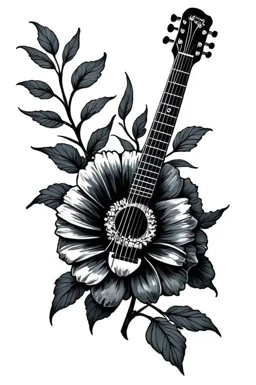 Very Small Fineline Gladius Flower In A Outline Of A Not Detailed Acoustic Guitar