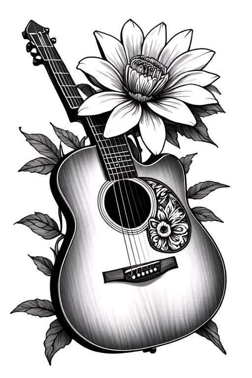 Small Tattoo Of A Fineline Gladius Flower In A Outline Of A Acoustic Guitar