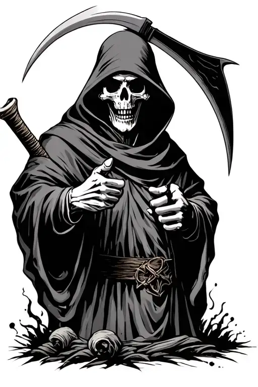 Death On Cememtary With A Scythe Pointing His Finger