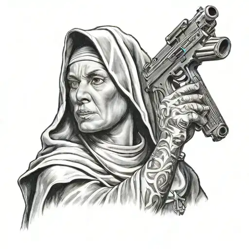 Portrait Of A Nun With A Gun In Realism