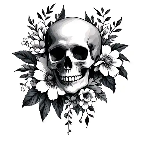 An Own Mixed With A Skull And Flowers