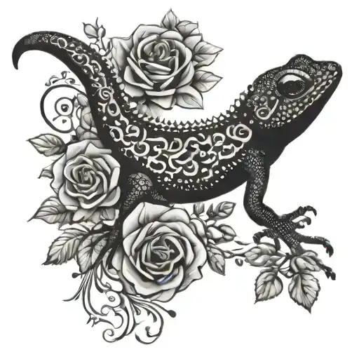 Gecko Silhouette Made Of Roses Tattoo Design