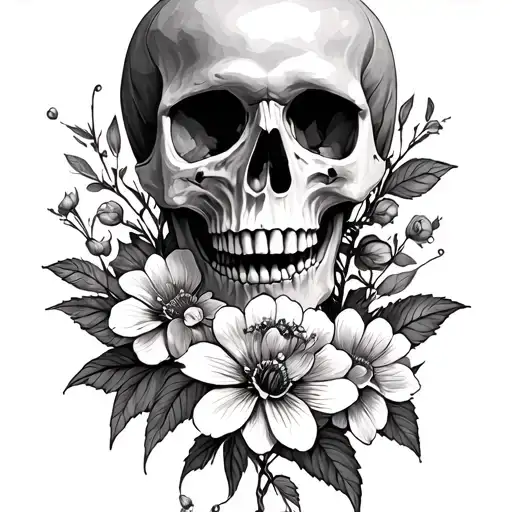 Botanical Skull And Flowers Intertwined