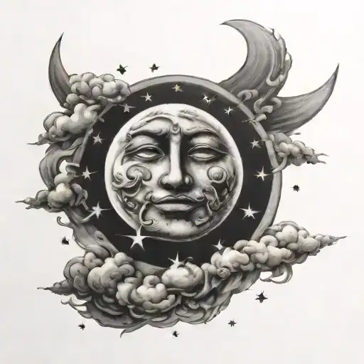 Moon Around Sun With Faces Surrounded By Clouds And Stars